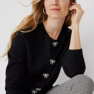 Ann Taylor Black Cardigan with Crystal Bow Details